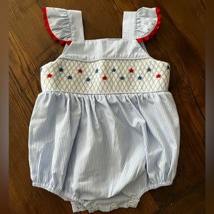 Stitchy Fish Red White & Blue Pin Striped Bubble Romper